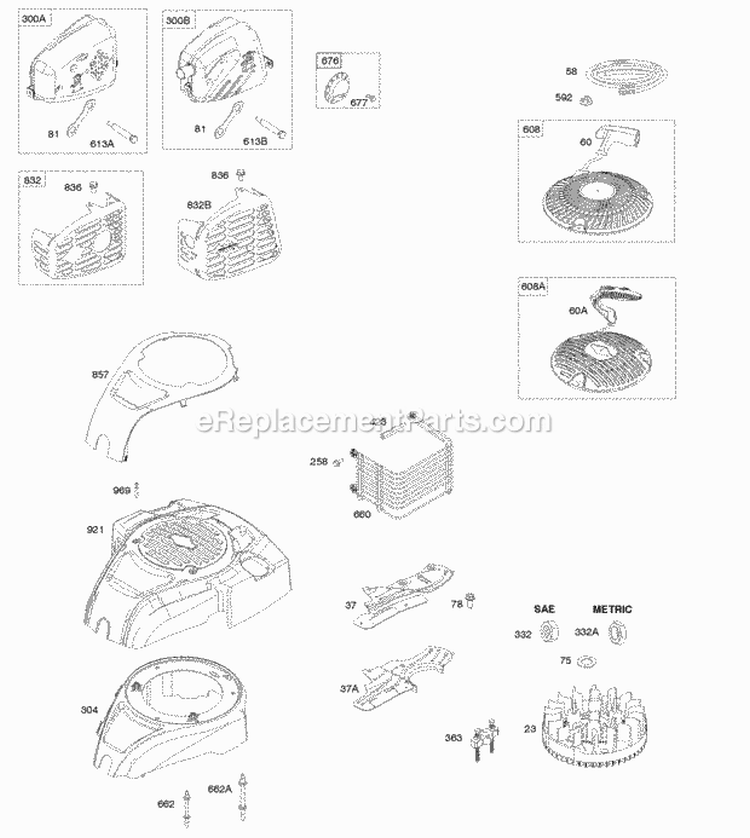 Blower Housing Exhaust System Flywheel Rewind Starter Diagram and Parts List for 100802-0015-B1  Briggs and Stratton Engine